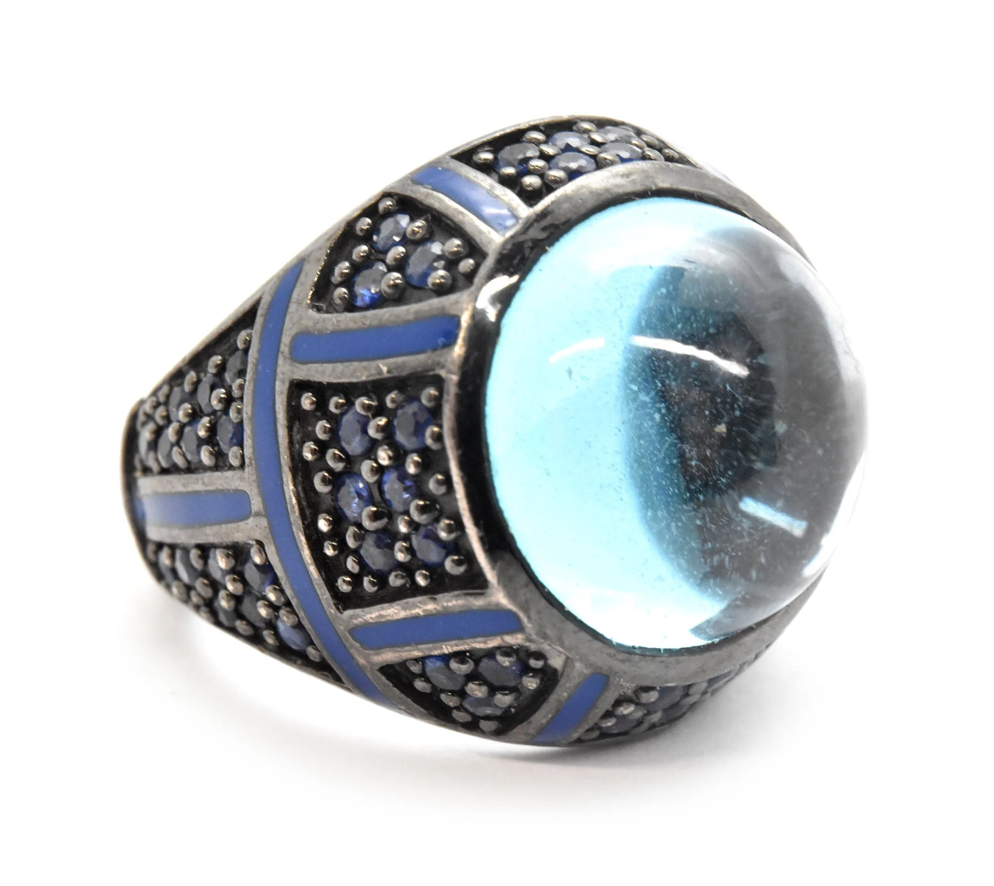 Mens Sterling Silver And Blue Cabochon Quartz Ring Size 7.25