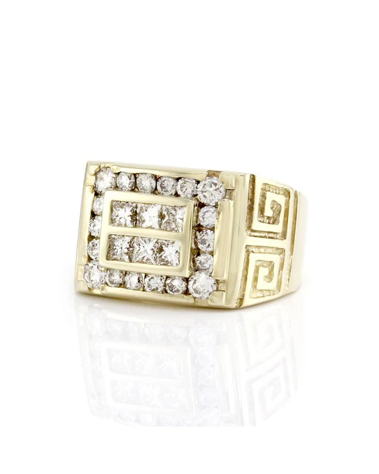 Mixed Cut Diamond Ring with Greek Key Details in 14K Yellow Gold - Image 2
