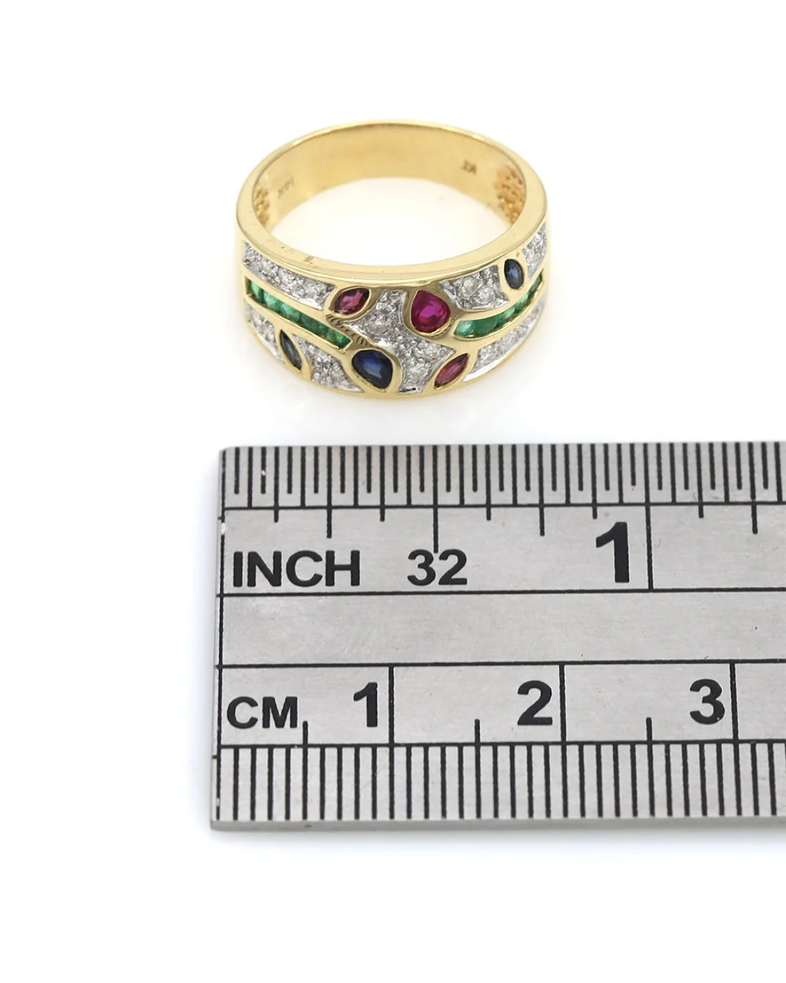 Mixed Cut Ruby, Sapphire, Emerald, & Pave Diamond Band in Yellow Gold - Image 3