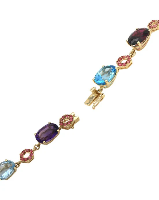 Mixed Gemstone Station Link Bracelet in Yellow Gold - Image 2