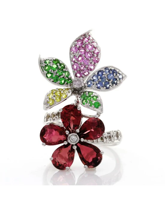 Multi-Color Multi-Gemstone & Diamond Flower Ring in 18K White Gold - Image 2