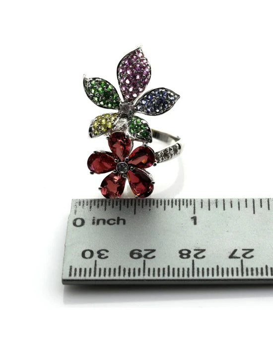 Multi-Color Multi-Gemstone & Diamond Flower Ring in 18K White Gold - Image 3