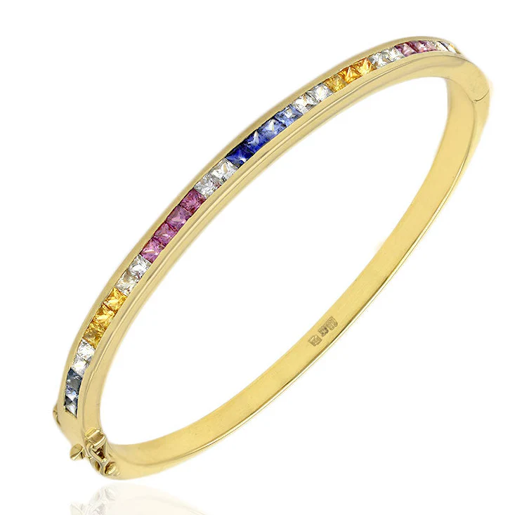 18K Yellow Gold Multi-Color Princess Cut Sapphire Bangle Bracelet