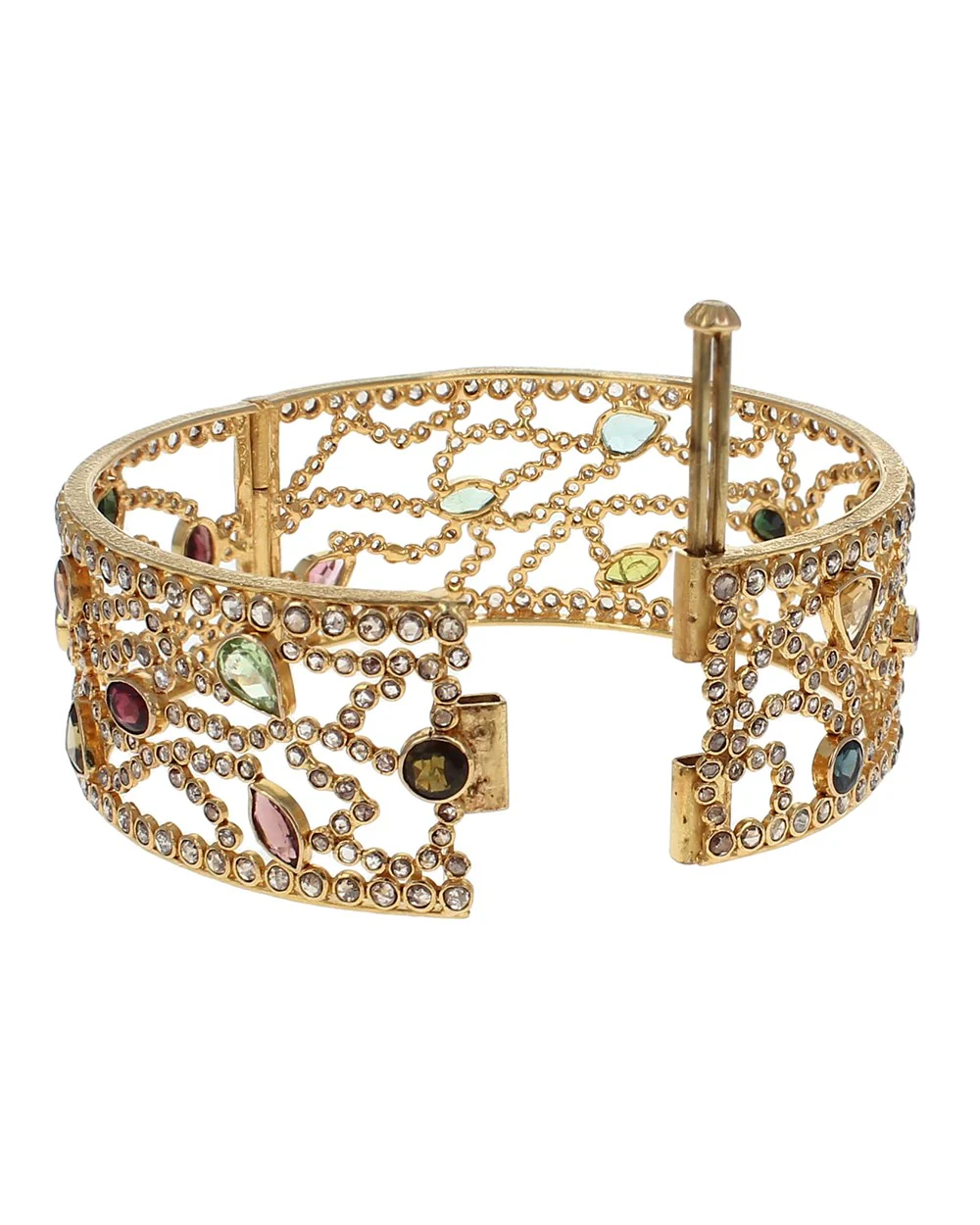 Multi Color Tourmaline and Diamond Wide Bangle - Image 2