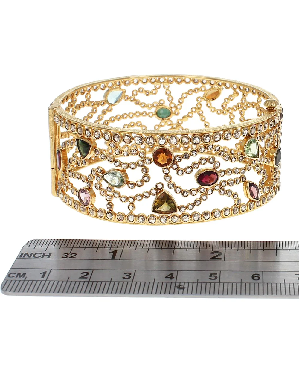 Multi Color Tourmaline and Diamond Wide Bangle - Image 3