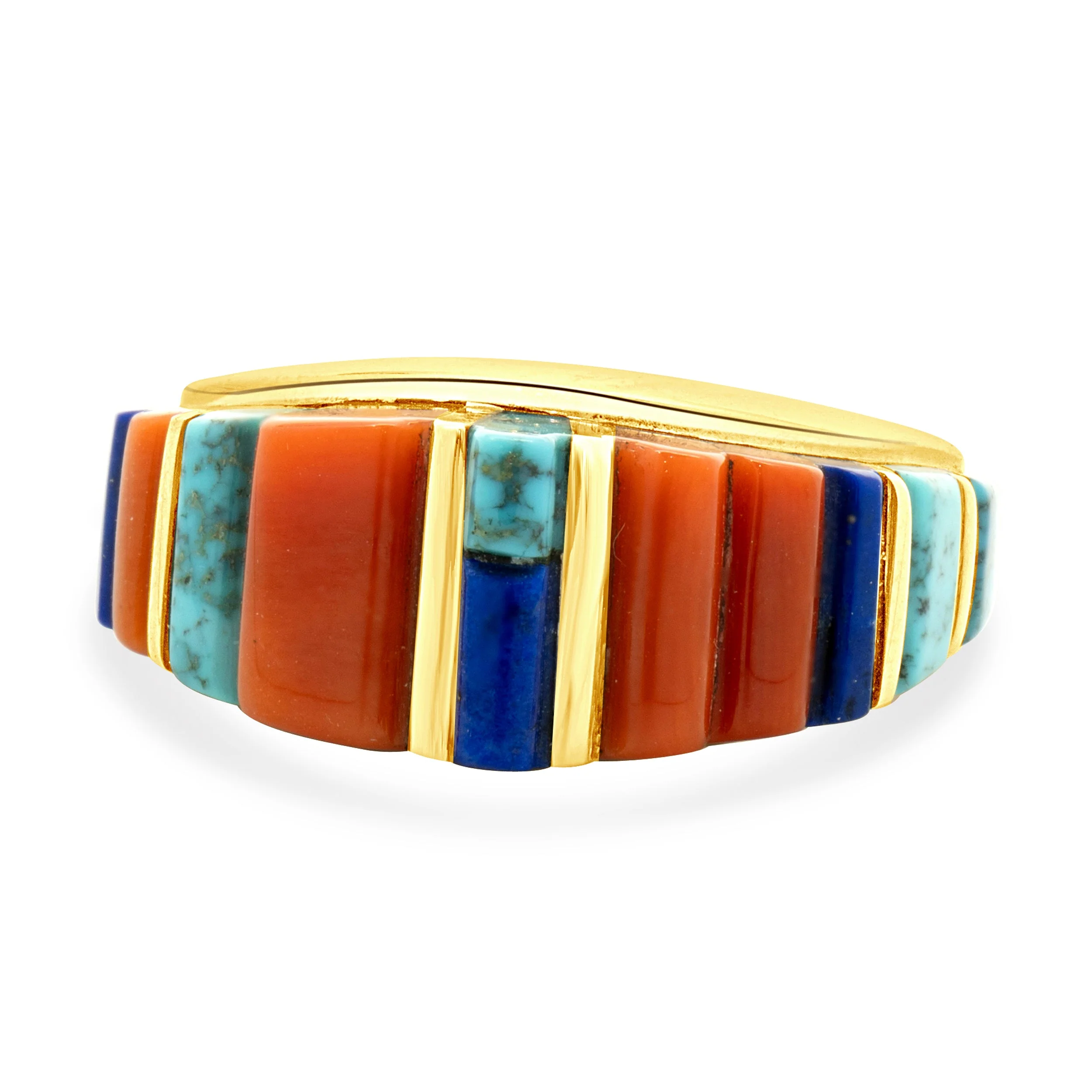 Native American Charles Laloma Designed Coral, Lapis, and Turquoise Inlay Dome Ring