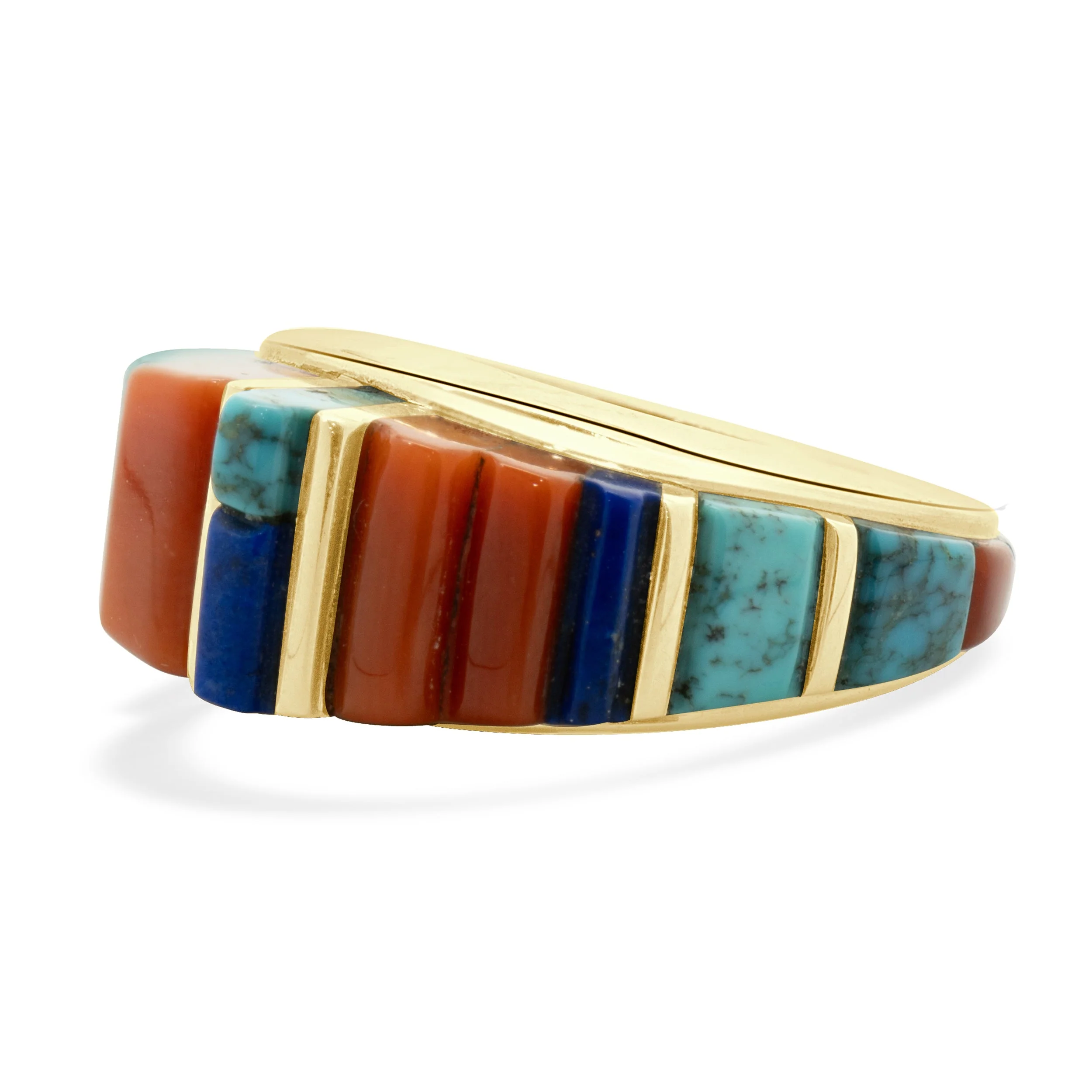 Native American Charles Laloma Designed Coral, Lapis, and Turquoise Inlay Dome Ring - Image 2
