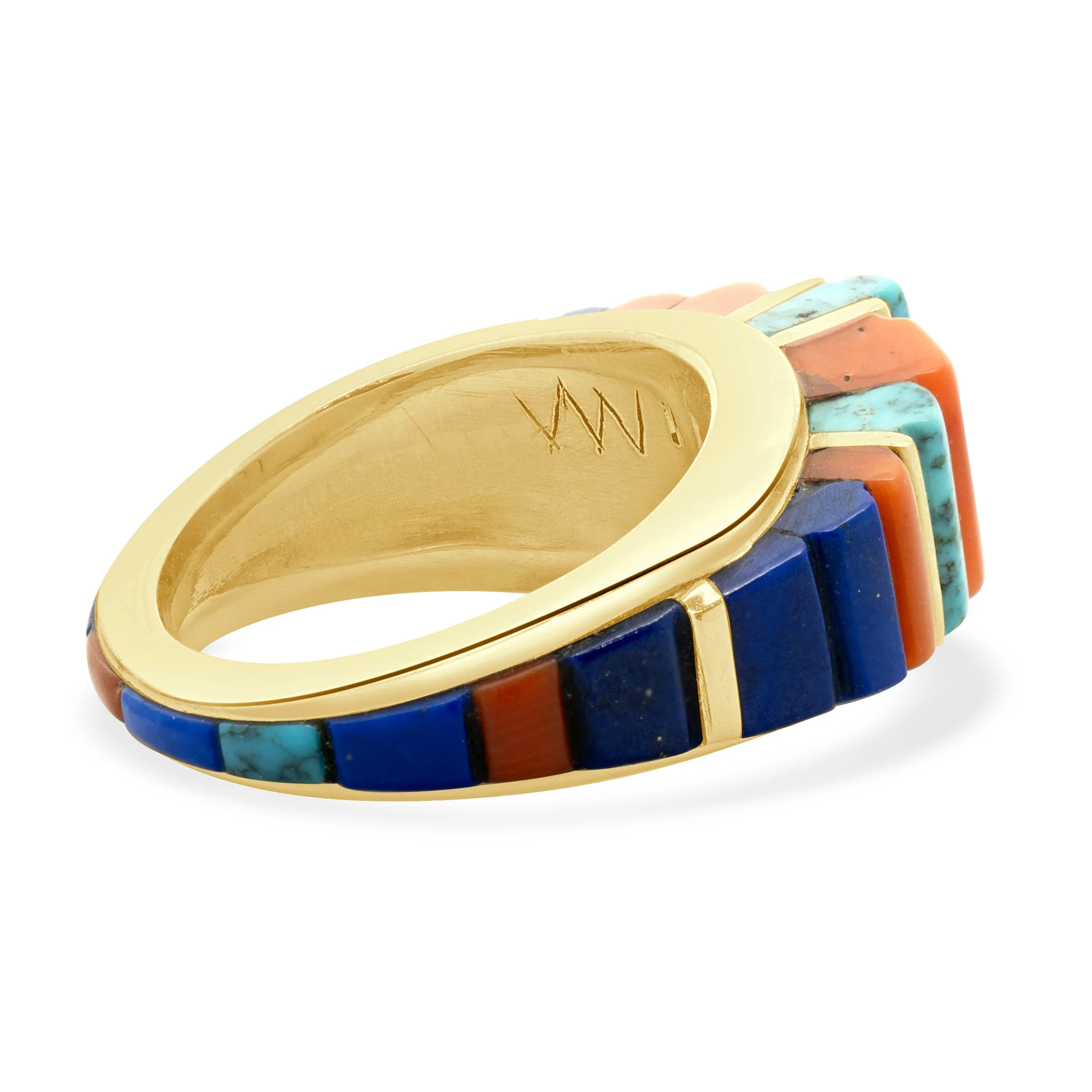 Native American Charles Laloma Designed Coral, Lapis, and Turquoise Inlay Dome Ring - Image 3