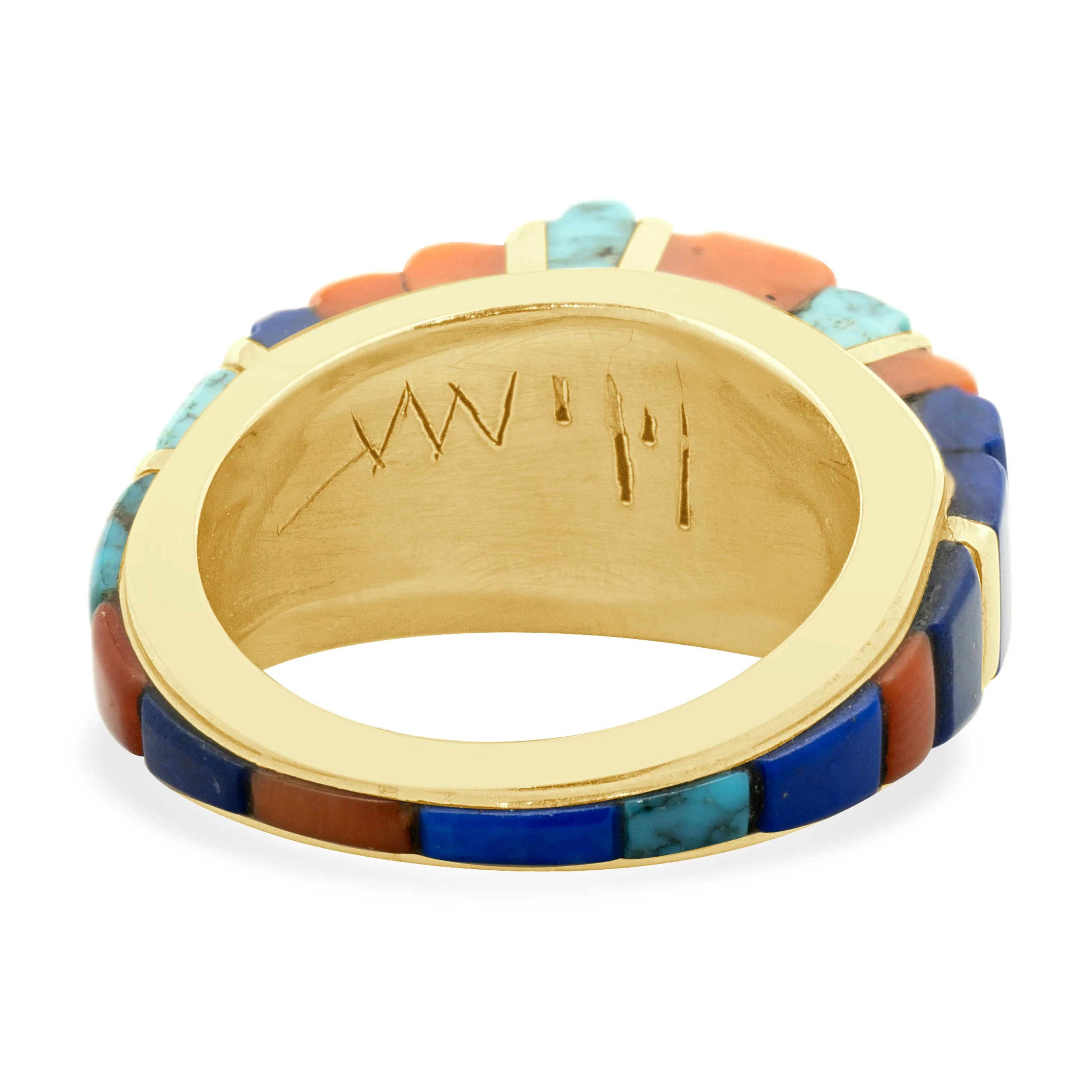 Native American Charles Laloma Designed Coral, Lapis, and Turquoise Inlay Dome Ring - Image 4