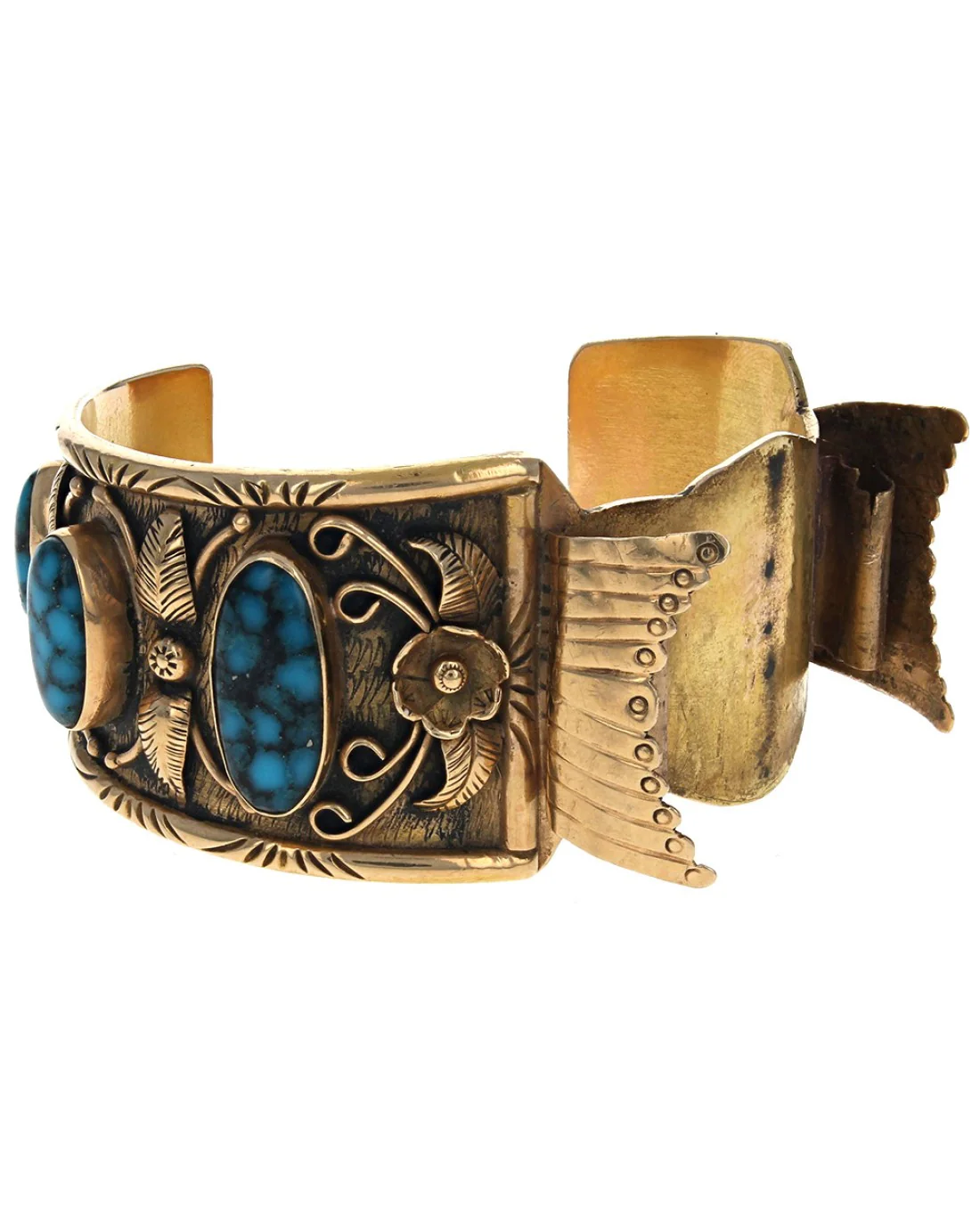 Navajo 14K Yellow Gold & Turquoise Watch Bracelet - Image 2