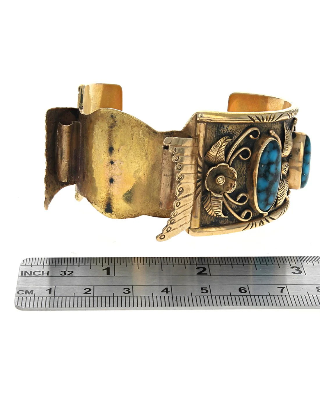 Navajo 14K Yellow Gold & Turquoise Watch Bracelet - Image 4