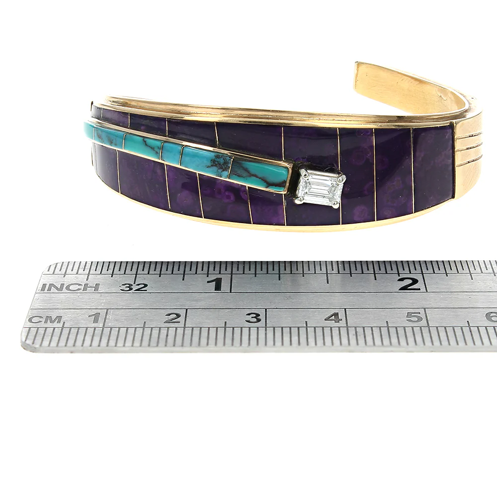 Navajo 18K Yellow Gold Sugilite Turquoise Inlay & Diamond Bracelet - Image 3