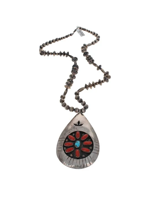 Navajo A. White Sterling Silver Bead Coral & Turquoise Necklace - Image 2