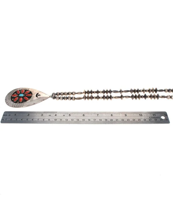 Navajo A. White Sterling Silver Bead Coral & Turquoise Necklace - Image 4