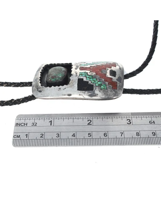 Navajo Annie Chapo Sterling Silver Turquoise & Coral Chip Inlay Bolo Tie - Image 3