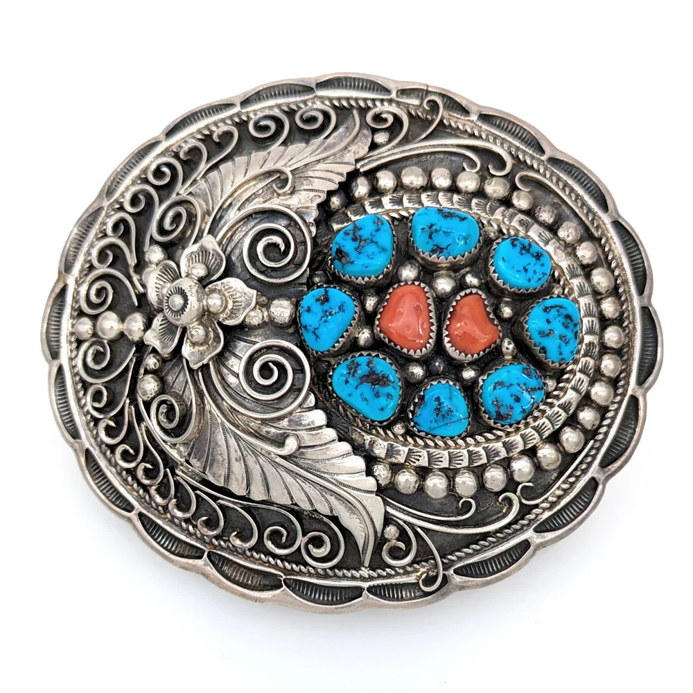 Navajo Apachito Sterling Silver Turquoise & Coral Belt Buckle