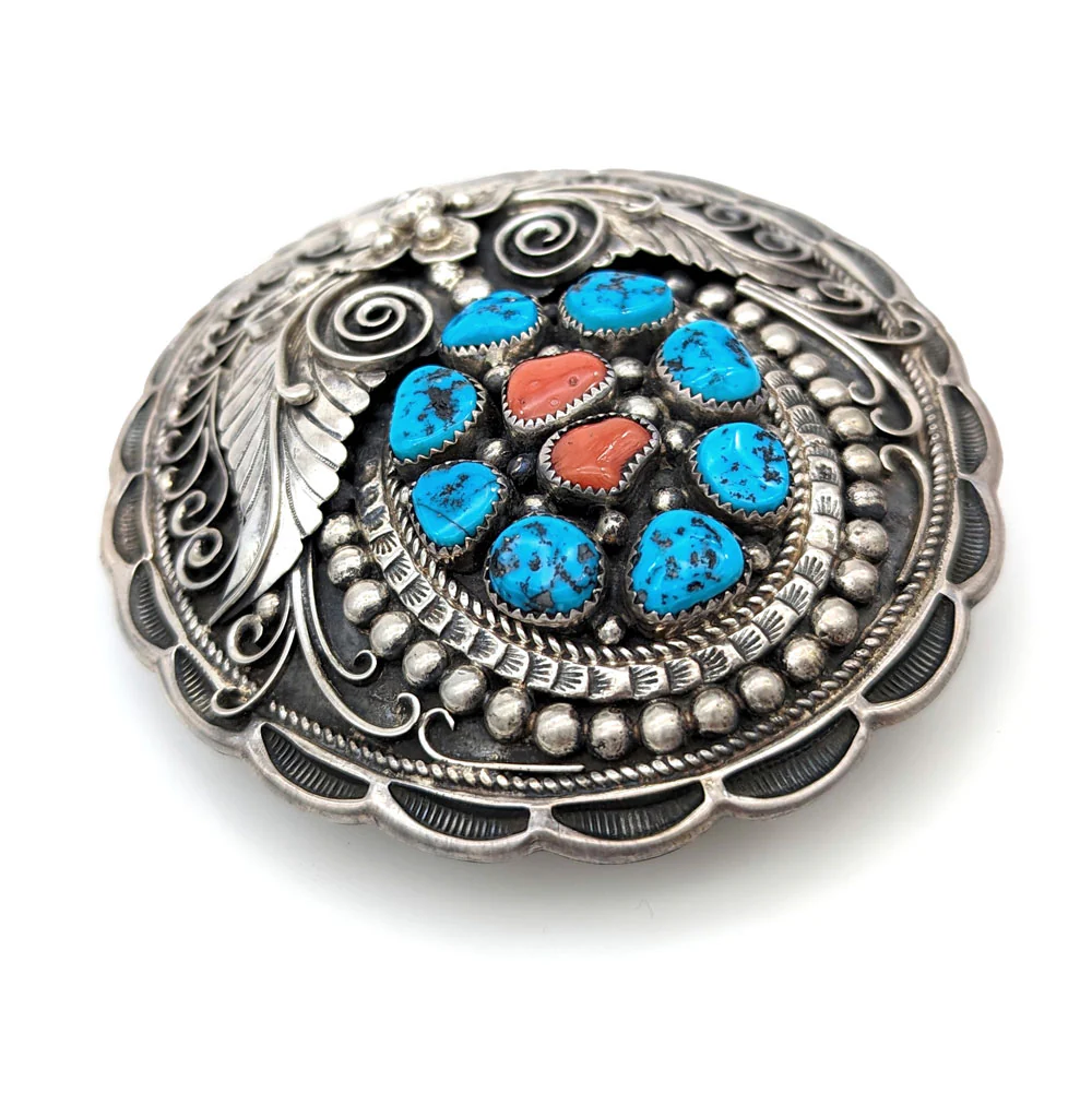 Navajo Apachito Sterling Silver Turquoise & Coral Belt Buckle - Image 2