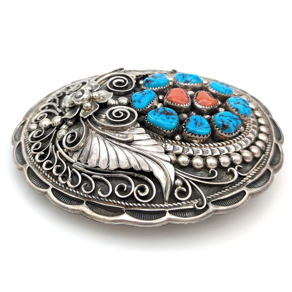 Navajo Apachito Sterling Silver Turquoise & Coral Belt Buckle - Image 3