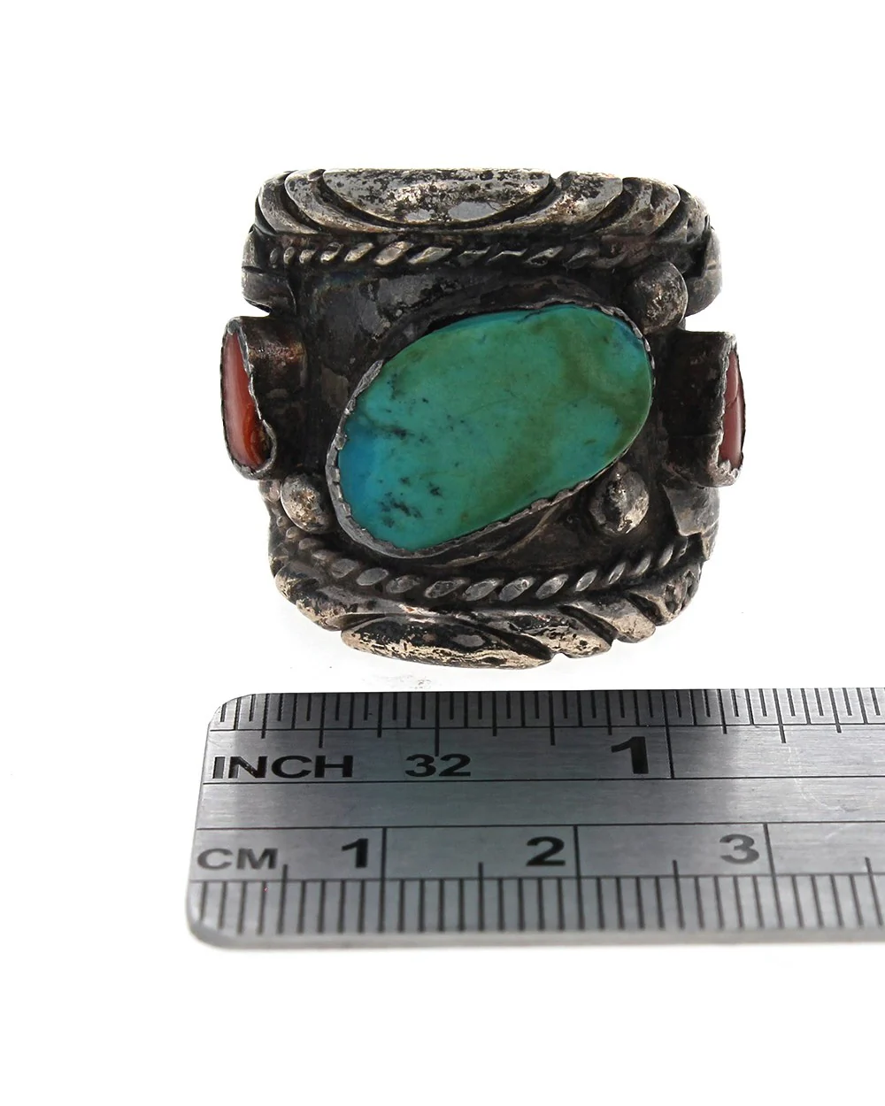 Navajo Cecil Lee Sterling Silver Turquoise & Coral Ring - Image 3