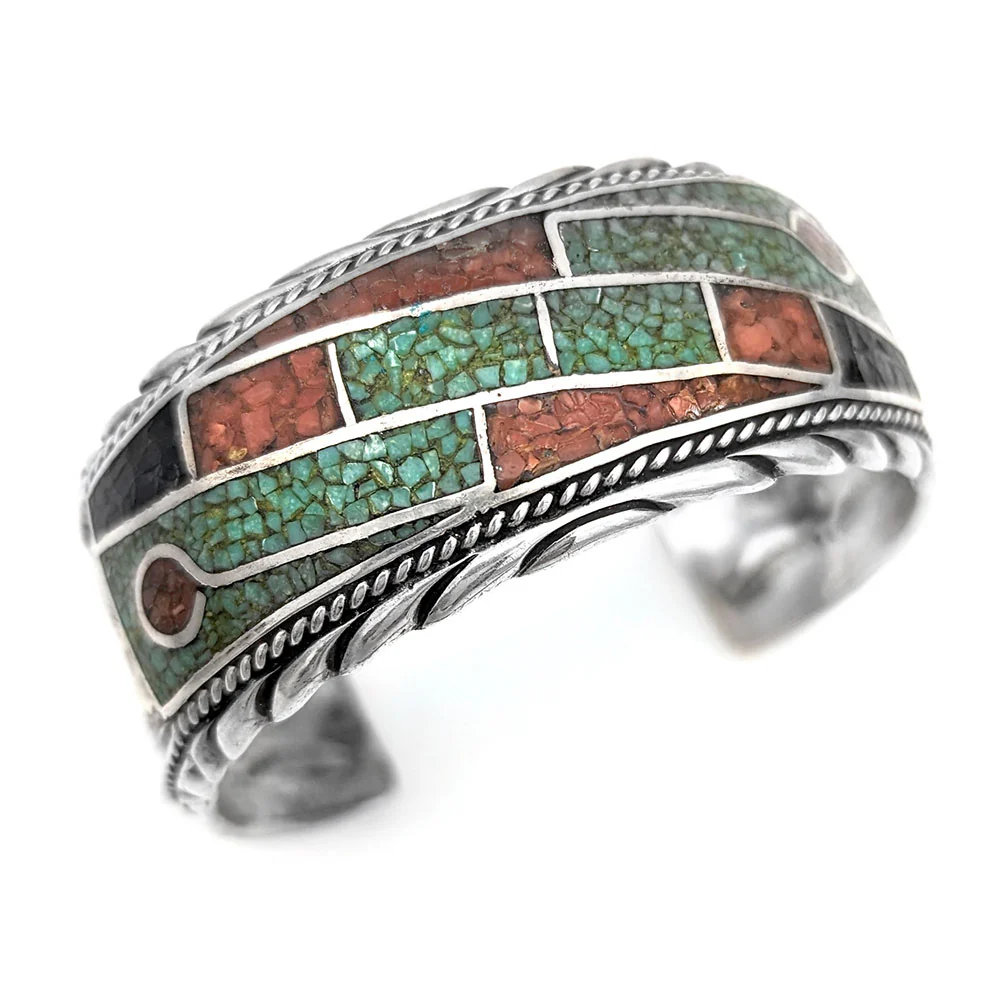 Navajo Delvin Nelson Sterling Silver Turquoise Coral Black Jet Chip Inlay Bracelet