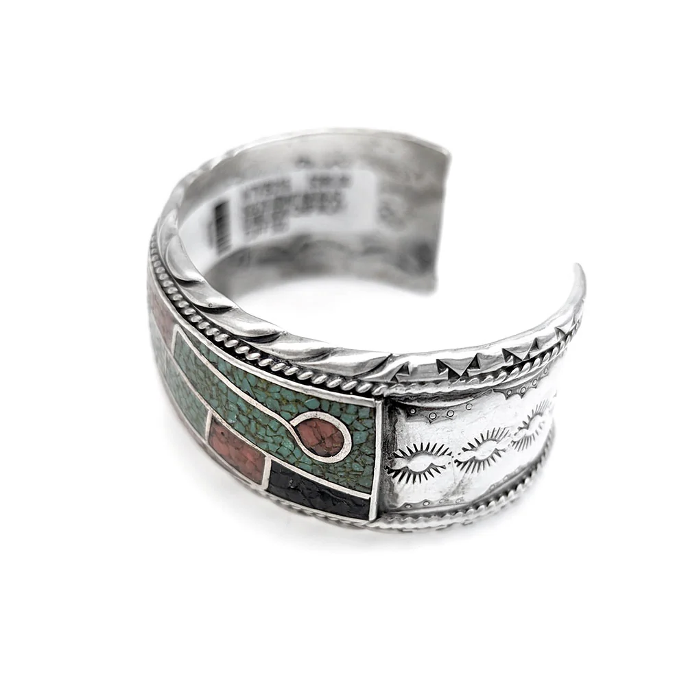 Navajo Delvin Nelson Sterling Silver Turquoise Coral Black Jet Chip Inlay Bracelet - Image 2