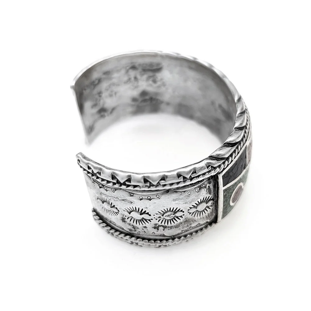 Navajo Delvin Nelson Sterling Silver Turquoise Coral Black Jet Chip Inlay Bracelet - Image 3