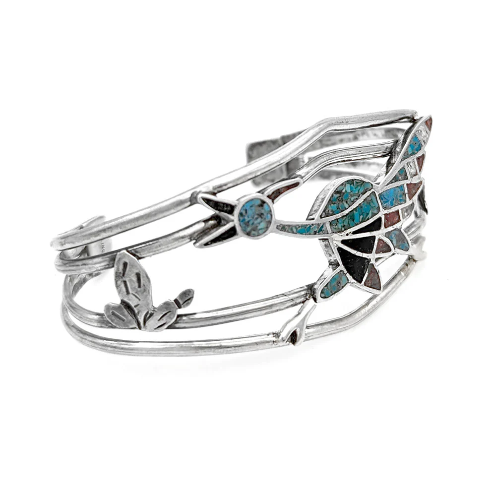 Navajo Sterling Silver Multi-Stone Chip Inlay Roadrunner Bracelet - Image 2
