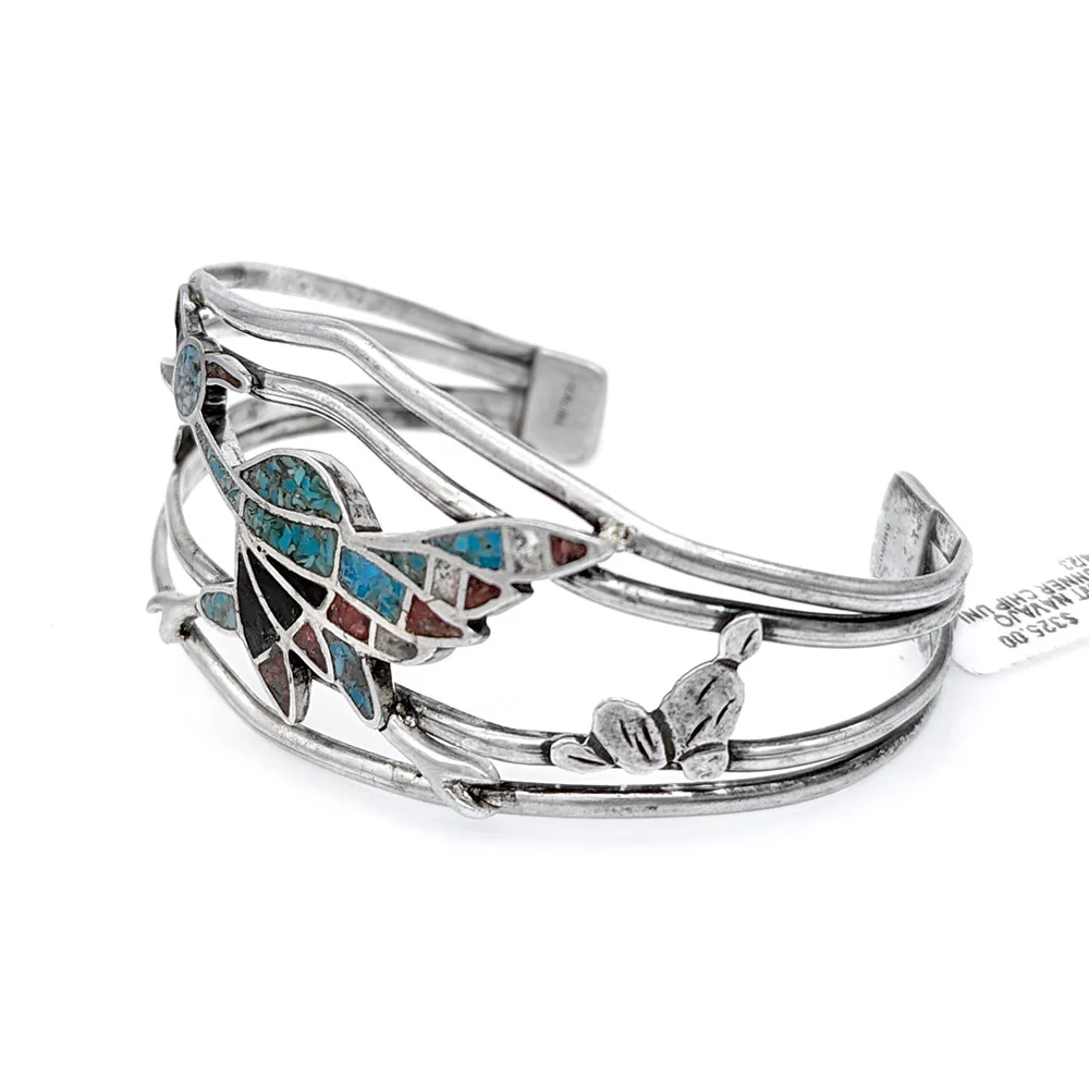 Navajo Sterling Silver Multi-Stone Chip Inlay Roadrunner Bracelet - Image 3