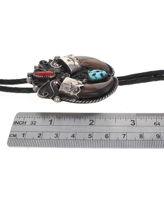 Navajo Fannie Platero Sterling Silver Turquoise Coral & Claws Bolo Tie - Image 3