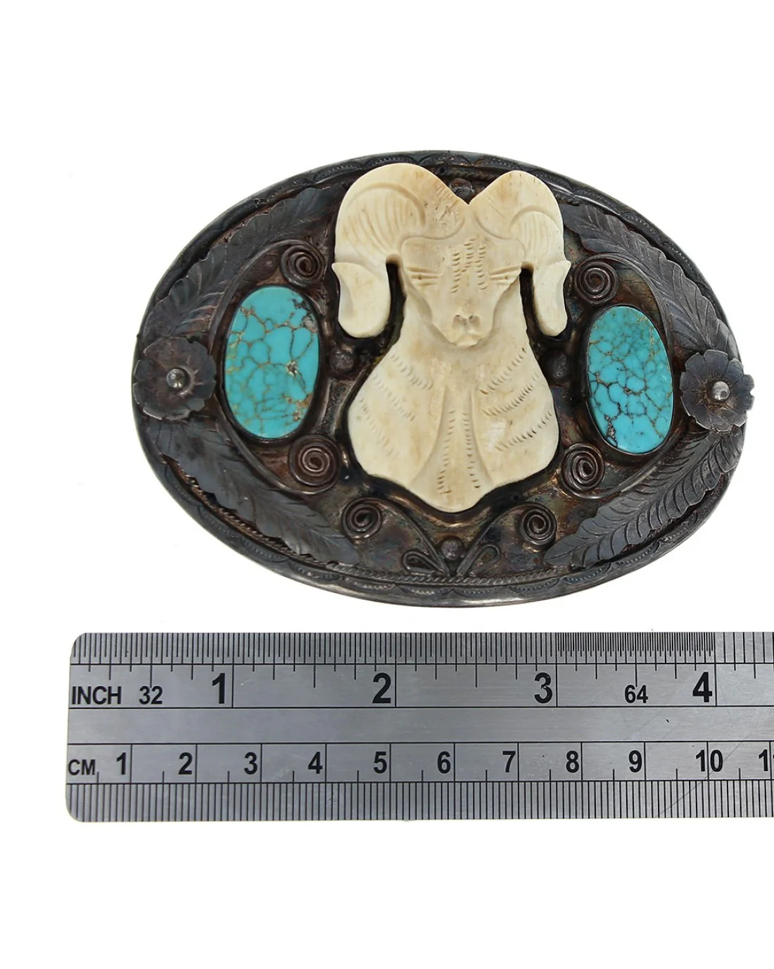 Navajo Felix Joe Sterling Silver Carved Ivory Ram & Turquoise Buckle - Image 3