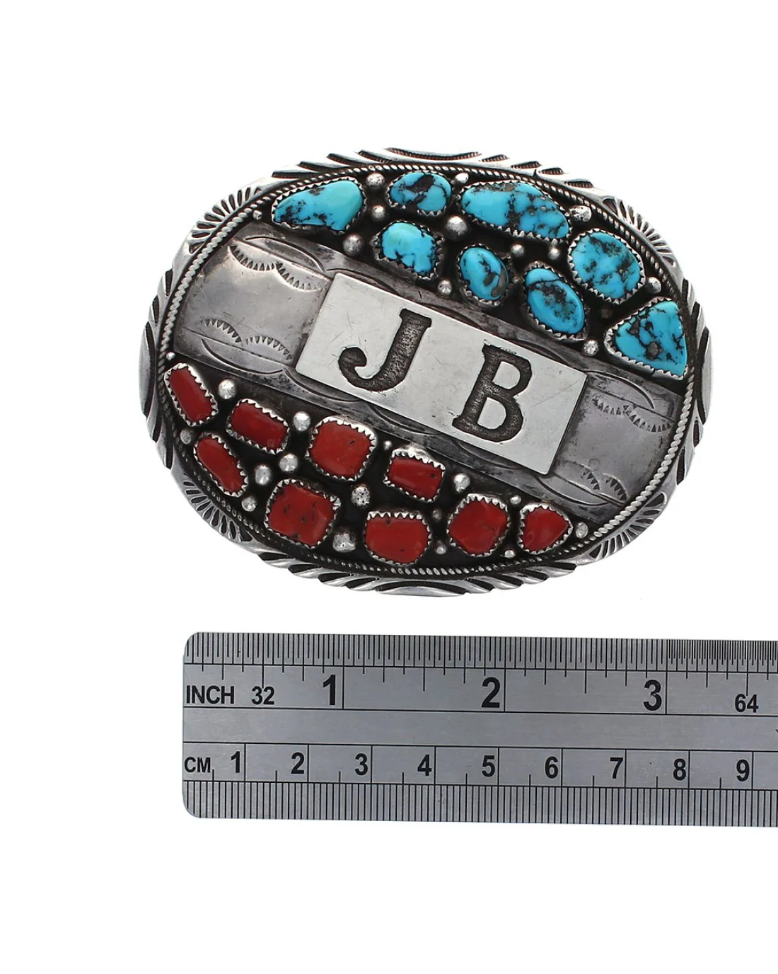 Navajo Gilbert Adakai Sterling Silver Turquoise & Coral Buckle - Image 3
