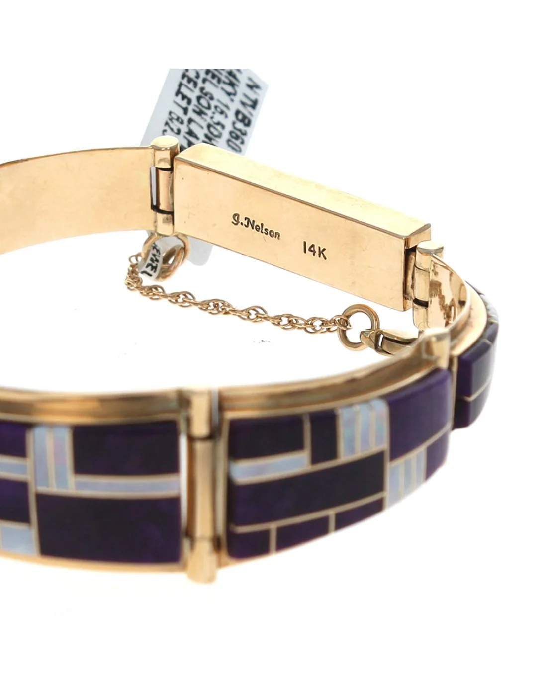 Navajo Jerry Nelson 14K Yellow Gold Sugilite & White Opal Inlay Bracelet - Image 2