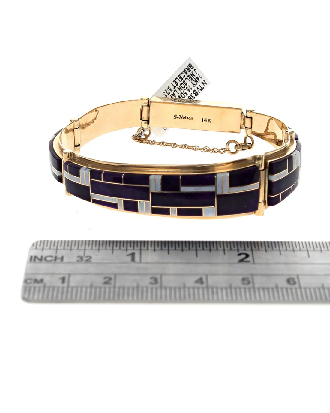Navajo Jerry Nelson 14K Yellow Gold Sugilite & White Opal Inlay Bracelet - Image 3