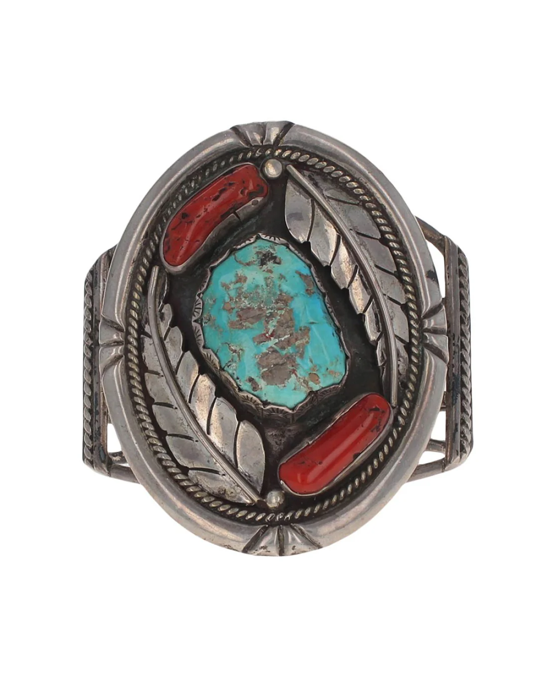 Navajo Raymond Scott Sterling Silver Turquoise & Coral Cuff Bracelet - Image 2