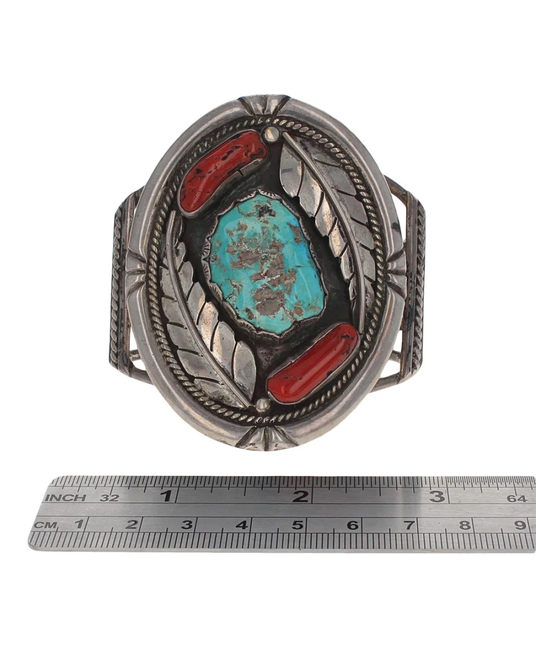 Navajo Raymond Scott Sterling Silver Turquoise & Coral Cuff Bracelet - Image 4