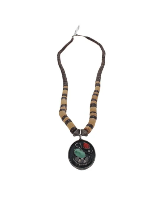 Navajo Rose Castillo Sterling Silver Turquoise & Coral Heishi Bead Necklace - Image 2