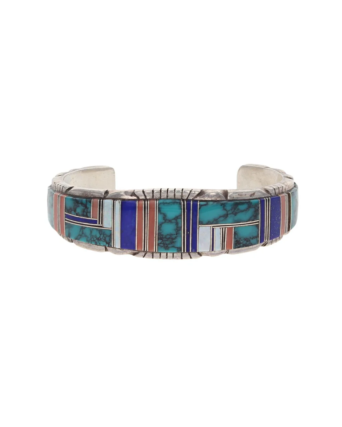 Navajo Signed B Sterling Silver Multi-Stone Inlay Cuff Bracelet - Image 2