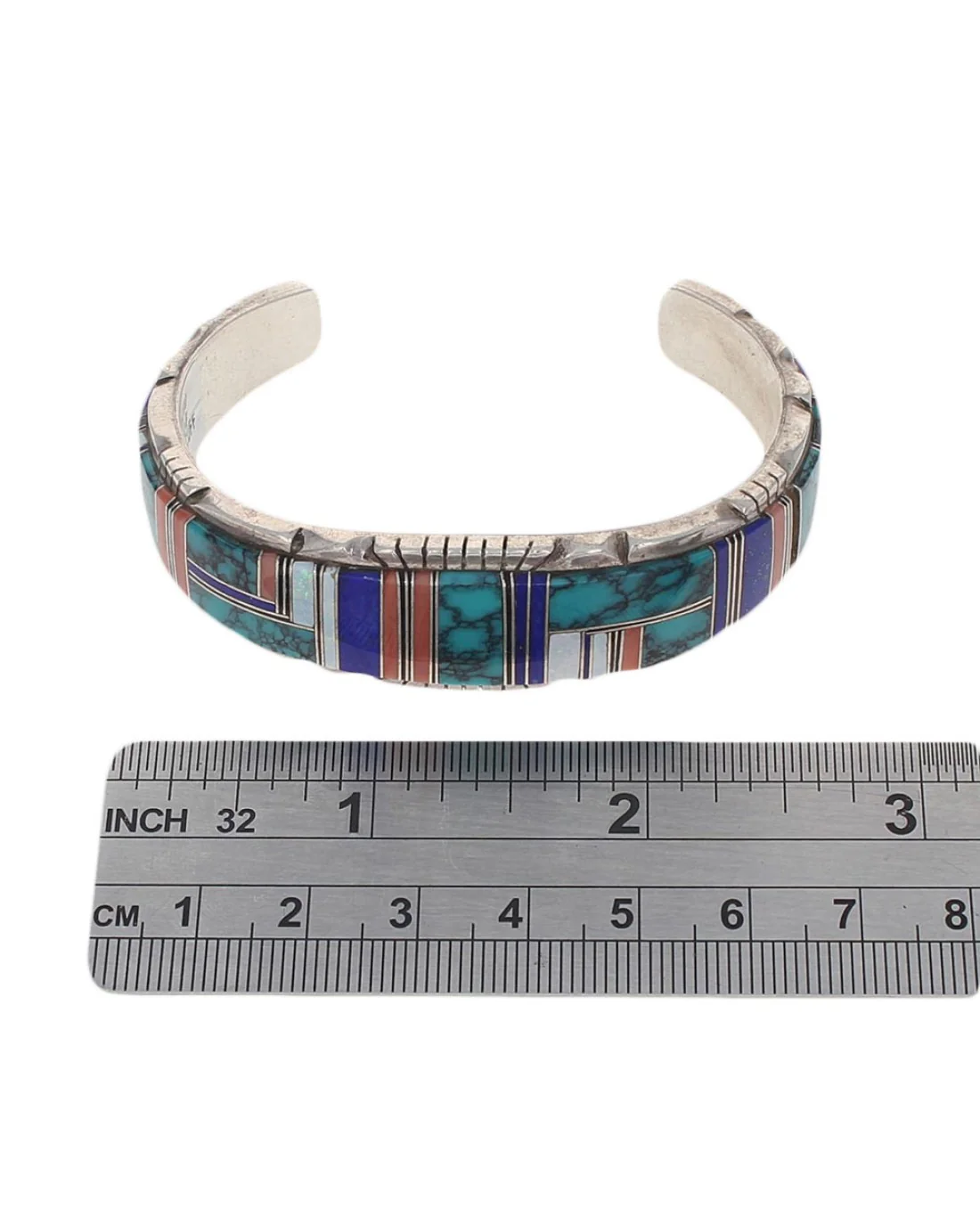 Navajo Signed B Sterling Silver Multi-Stone Inlay Cuff Bracelet - Image 4