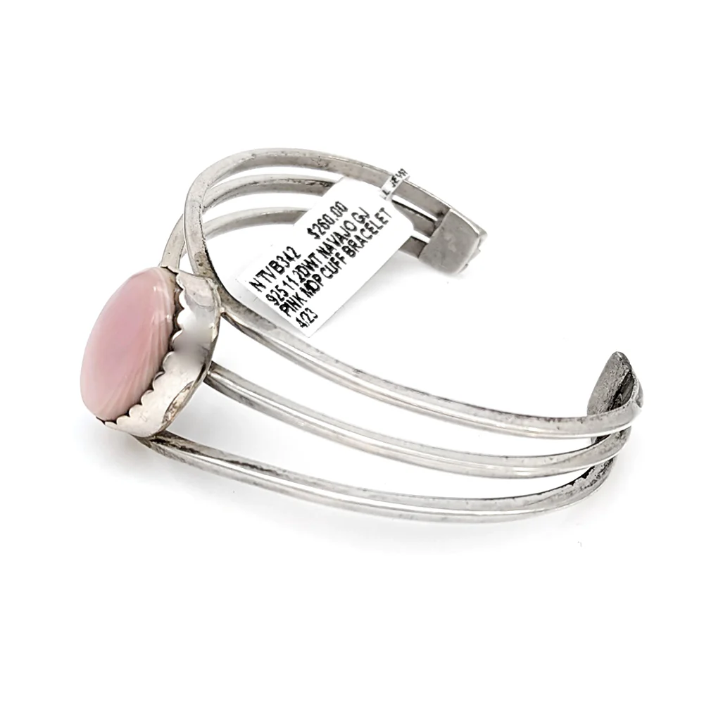 Navajo Signed GJ Sterling Silver & Pink Mother of Pearl Cuff Bracelet - Image 3