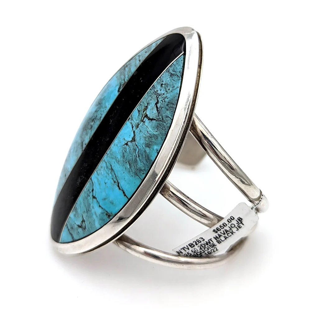 Navajo Signed JB Sterling Silver Turquoise & Black Jet Cuff Bracelet - Image 2