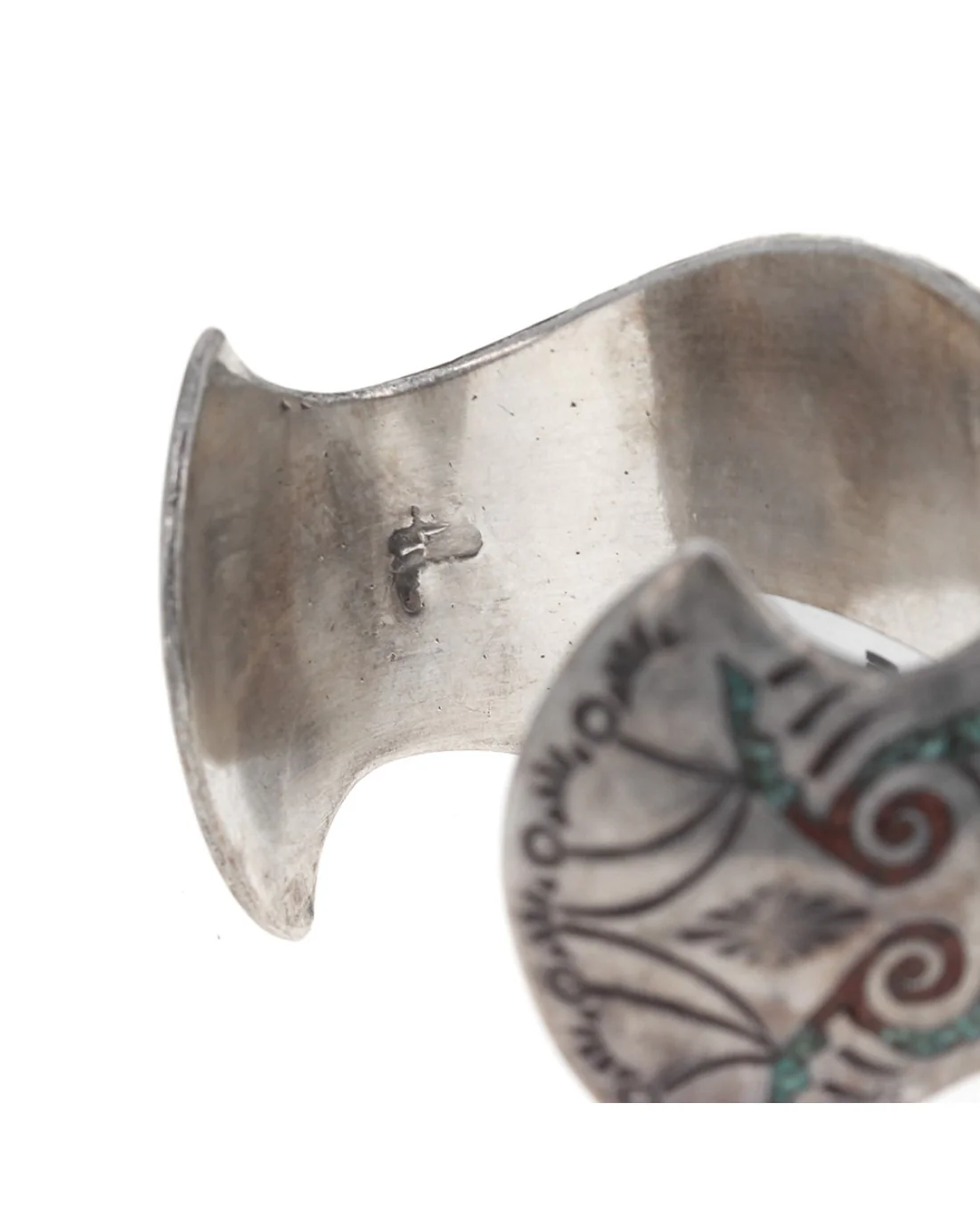 Navajo Signed Sterling Silver Turquoise & Coral Chip Inlay Watch Cuff Bracelet - Image 2