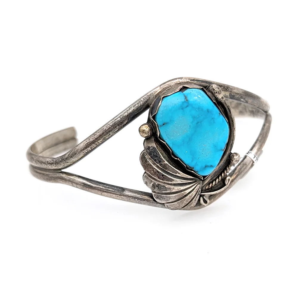 Navajo Signed Sterling Silver & Turquoise Cuff Bracelet - Image 2