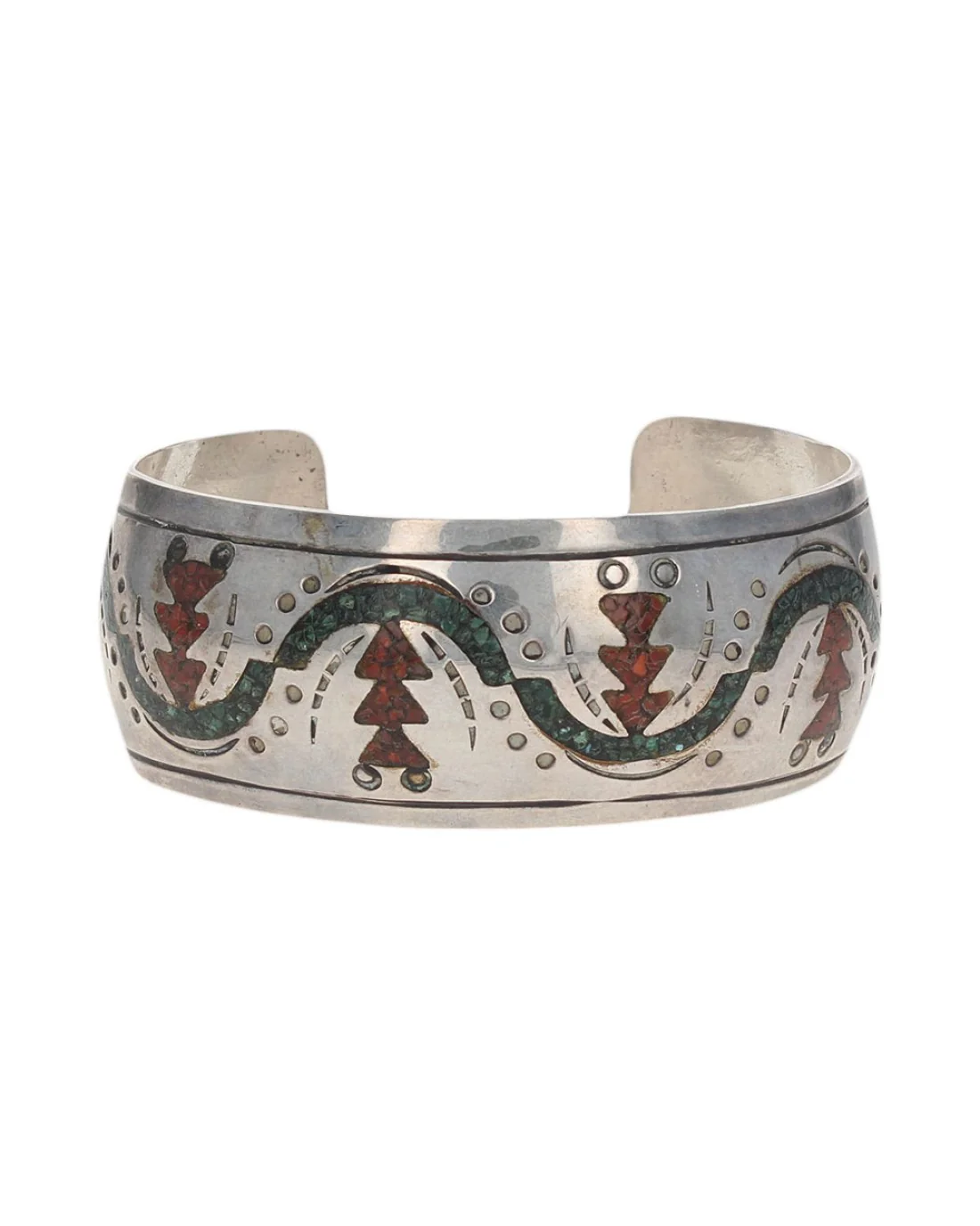 Navajo Signed VY Sterling Silver Turquoise & Coral Chip Inlay Bracelet - Image 2