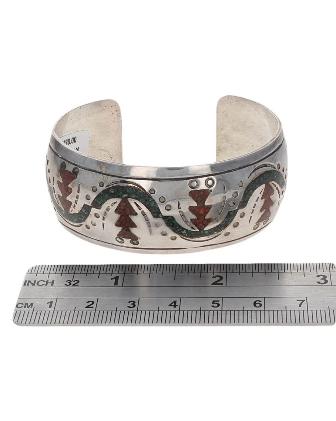 Navajo Signed VY Sterling Silver Turquoise & Coral Chip Inlay Bracelet - Image 4