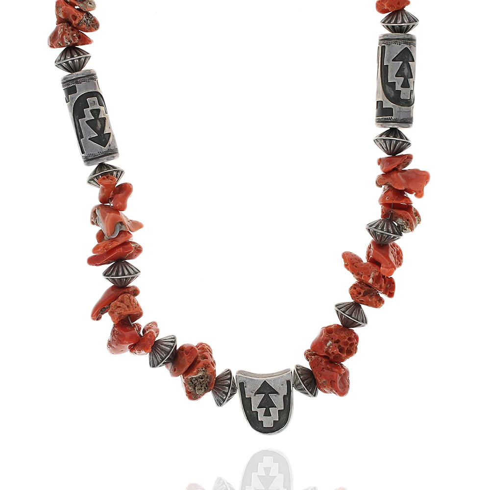 Navajo Sterling Silver Bead & Coral Necklace