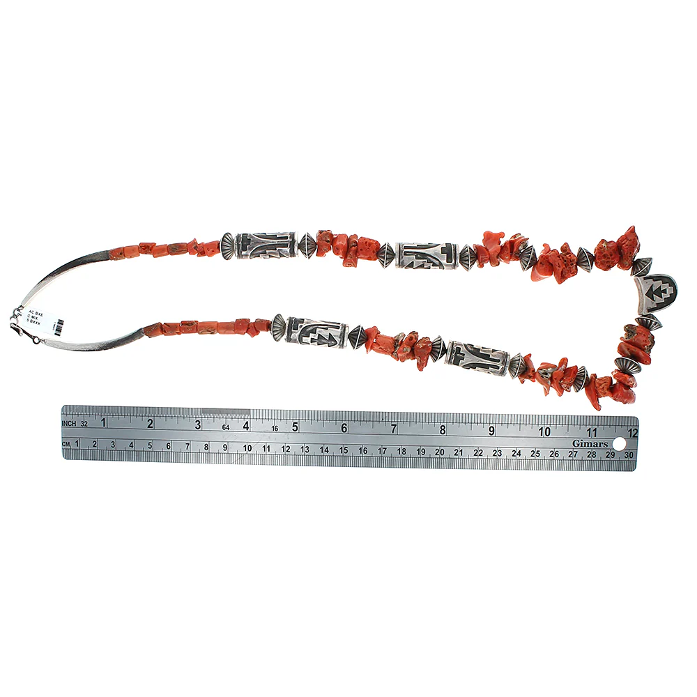 Navajo Sterling Silver Bead & Coral Necklace - Image 3