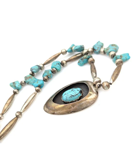 Navajo Sterling Silver Bead & Turquoise Necklace - Image 2