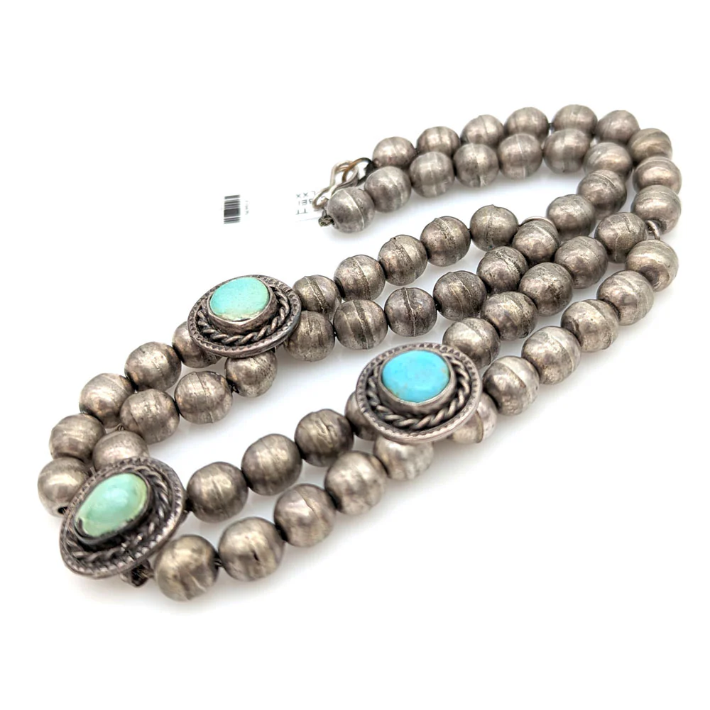 Navajo Sterling Silver Bead & Turquoise Necklace - Image 2