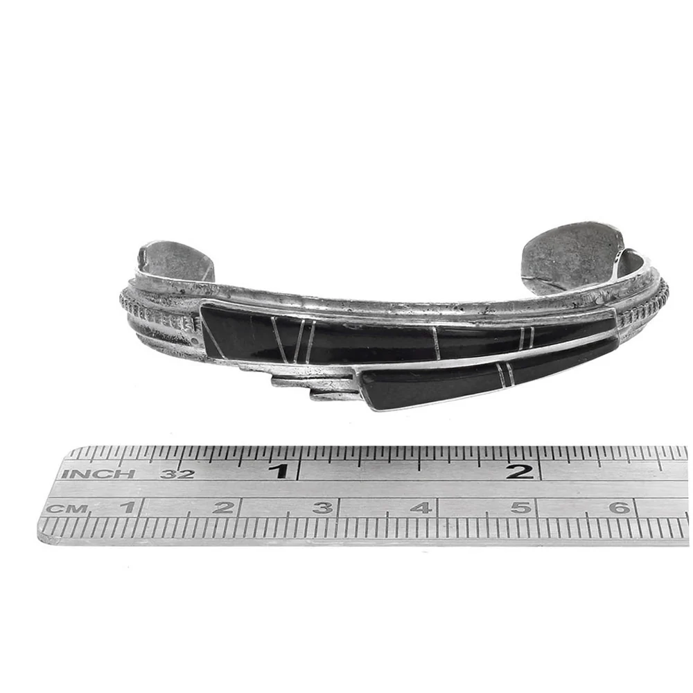 Navajo Sterling Silver Black Onyx Inlay Cuff Bracelet - Image 3