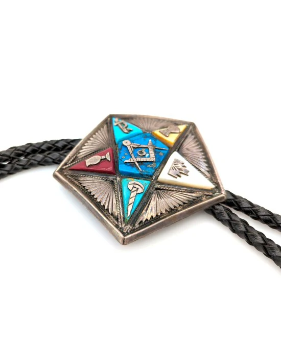 Navajo Sterling Silver Multi-Stone Inlay Order of the Eastern Star Masonic Bolo Tie - Image 2